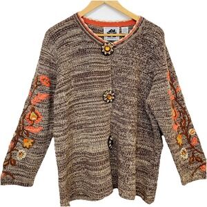 Vtg  Storybrook Knits‎ Floral Embroidered Cardigan 2X Button Front Cotton Rami